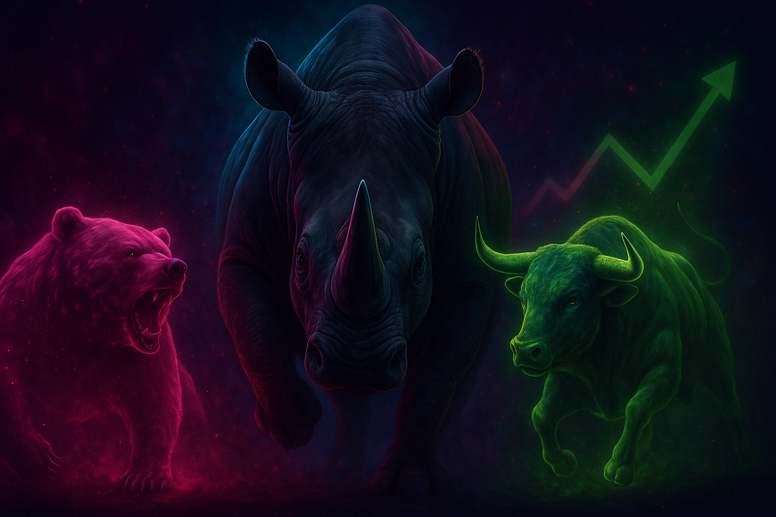 Image générée montrant un rhinocéros attaquant un ours glow fuchsia et un taureau glow lime