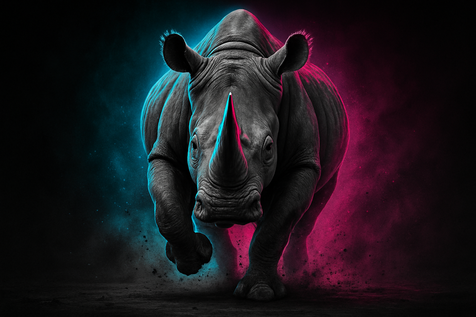 Rhinocéros qui fonce vers l'ecran en monochrome un glow autour du rhino en cylan bleu et fushia