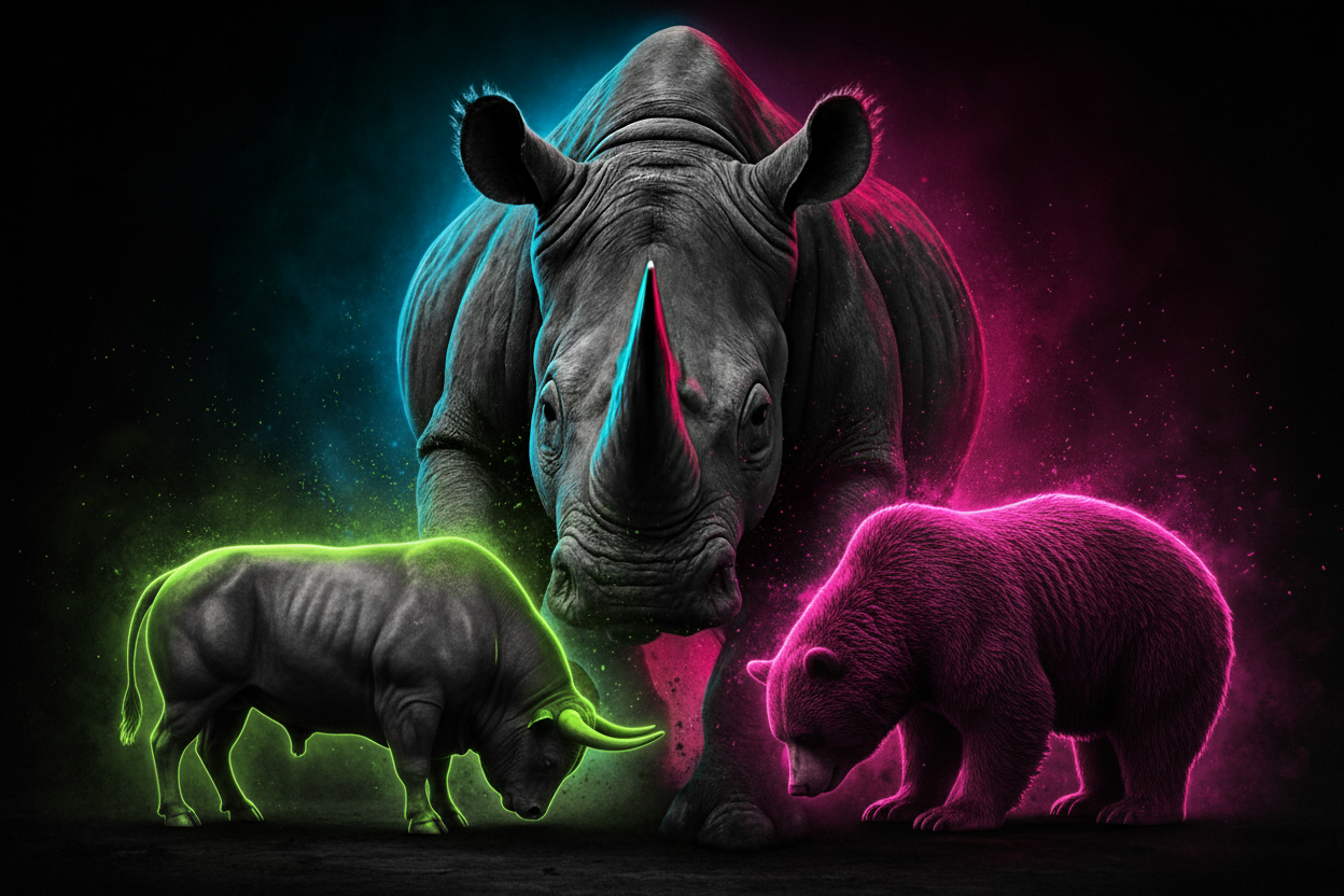 Rhinocéros dominant avec taureau et ours s'inclinant respectueusement